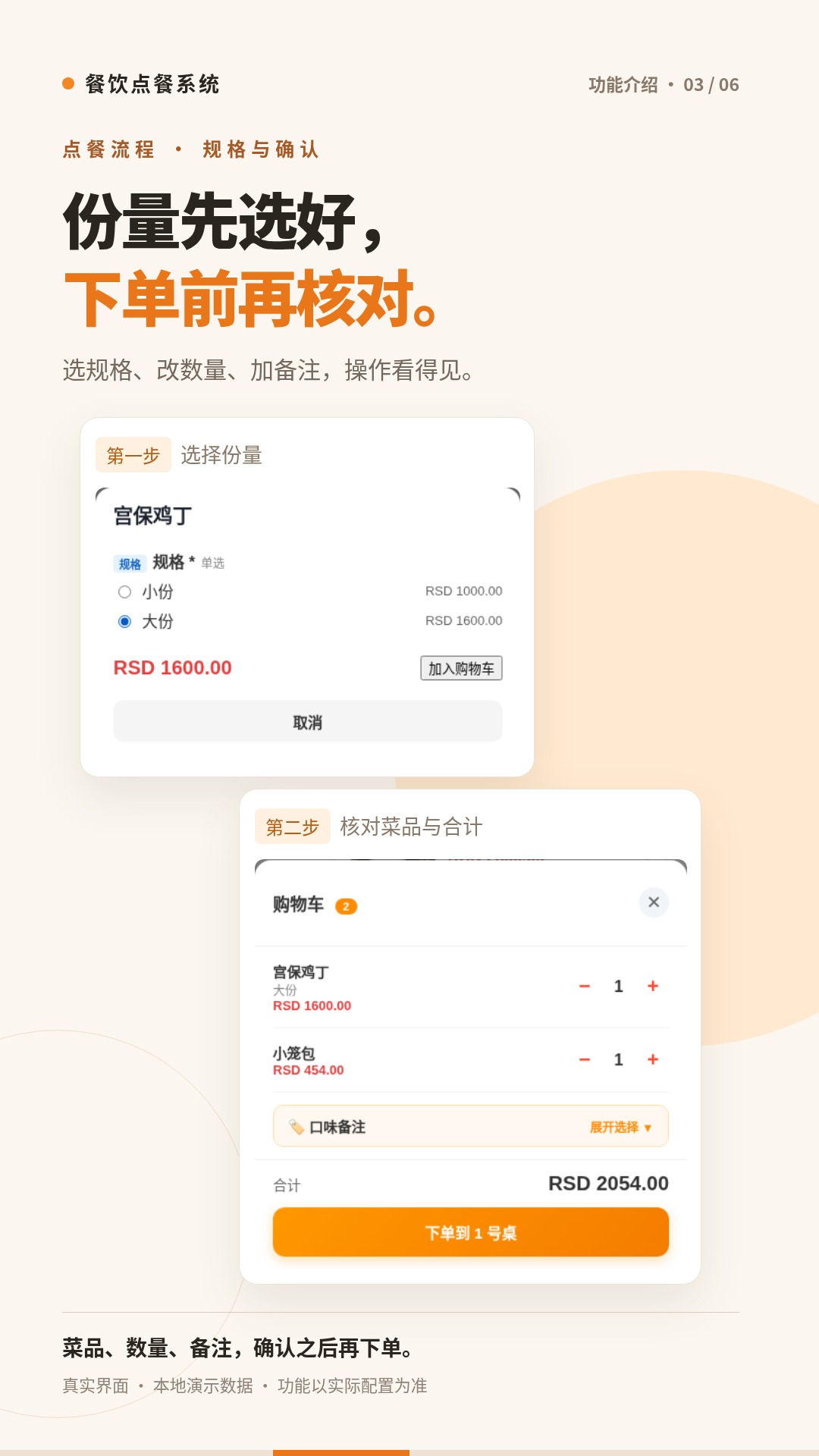 规格与购物车宣传海报,真实界面与本地教学数据